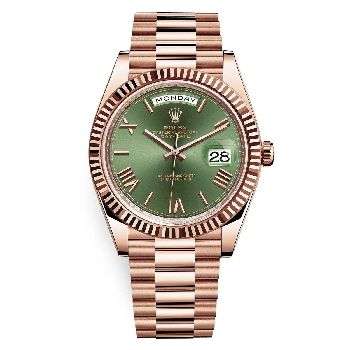 Rolex Everose Gold Day-Date 40 Watch Fluted Bezel Olive Green Roman 2023